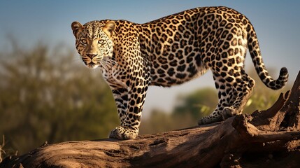 Leopard (Panthera pardus) standing on a log. generative ai