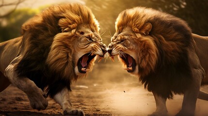 lions fighting a closeup rare view. generative ai 