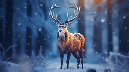 Noble deer male in the winter snow forest. Artistic winter Christmas landscape. generative ai - obrazy, fototapety, plakaty