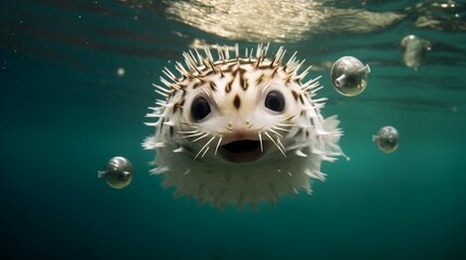 Fototapeta na wymiar The porcupine fish smiles at the camera underwater with big eyes. generative ai
