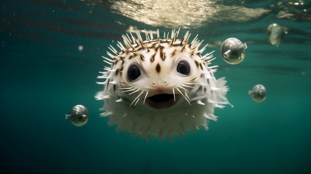 The Porcupine Fish Smiles At The Camera Underwater With Big Eyes. Generative Ai