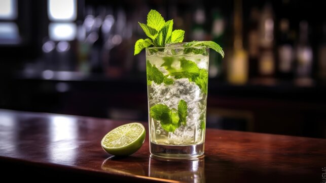 Classic mojito cocktail on a bar counter in a dark bar 