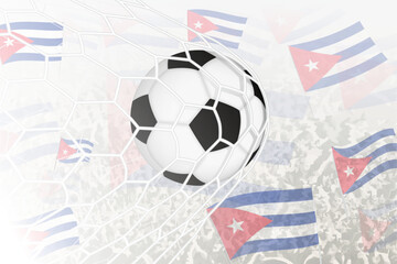National Football team of Cuba scored goal. Ball in goal net, while football supporters are waving the Cuba flag in the background.