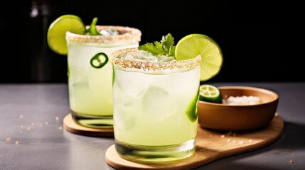 Cucumber margarita with lime and spicy rim - obrazy, fototapety, plakaty
