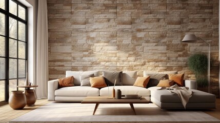 Corner sofa against window in room with stone cladding walls Farmhouse style interior design of modern living room Created with - obrazy, fototapety, plakaty
