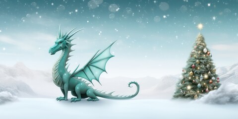 Obraz na płótnie Canvas A cartoon blue dragon on a snow background and sits next to the little Christmas tree