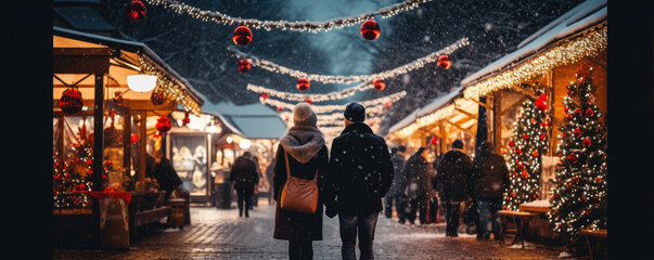 A pair of woman and man in falling love in the Christmas market . generative ai