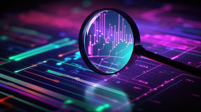 Data analysis search engine optimization or SEO magnifier charts graphs ultraviolet and neon screen 