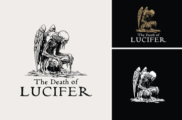 Dead Body Lucifer Corpse Angel on Grave Silhouette. Winged Zombie Slumped Helplessly with Gothic Dark Art Style for T Shirt Illustration logo design - obrazy, fototapety, plakaty