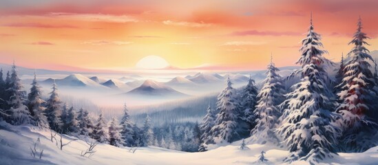 I created a stunning watercolor painting of a serene landscape capturing the beauty of snow capped mountains and frost kissed fir and spruce trees as the warm hues of the sunrise and sunset - obrazy, fototapety, plakaty