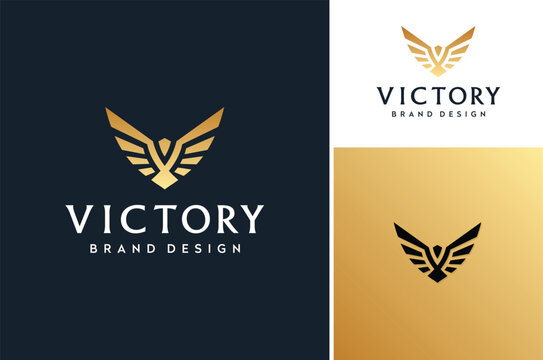 Golden Wingspan Bird, Dove Pigeon Eagle Falcon Osprey Hawk Phoenix Wings Initial Letter V for Victory Gold Luxury Premium Brand Logo Design