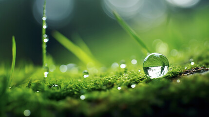 Ein glänzender Wassertropfen reflektiert die grüne Landschaft und steht prächtig auf einem Bett von feuchtem Moos. Tautropfen glitzern wie Juwelen im Morgenlicht - magische Stimmung - obrazy, fototapety, plakaty