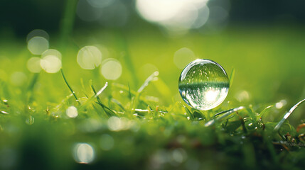 Ein glänzender Wassertropfen reflektiert die grüne Landschaft und steht prächtig auf einem Bett von feuchtem Moos. Tautropfen glitzern wie Juwelen im Morgenlicht - magische Stimmung - obrazy, fototapety, plakaty