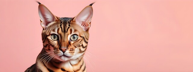 Bengal cat on a pastel background. Cat a solid uniform background, for your advertising and design with copy space. Creative animal concept. Looking towards camera.