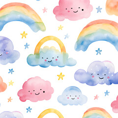 Cute watercolor rainbows with clouds on white background 