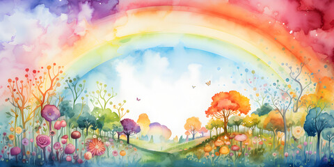 Obraz na płótnie Canvas Watercolor colorful illustration of a magical meadow with a rainbow 