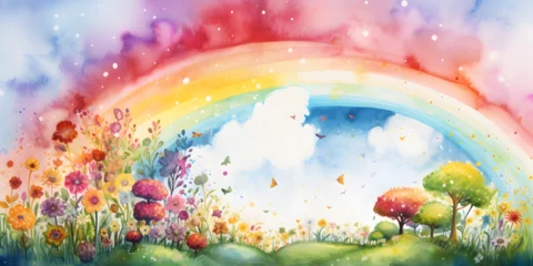 Photo sur Plexiglas Chambre denfants Watercolor colorful illustration of a magical meadow with a rainbow 