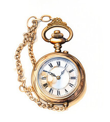 Vintage pocket gold watch with chain. Watercolor illustration. White background.