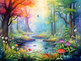 Watercolor colorful illustration of a magical fairytale forest  - obrazy, fototapety, plakaty