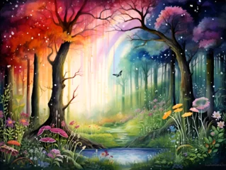 Acrylic prints Fairy forest Watercolor colorful illustration of a magical fairytale forest with a rainbow 