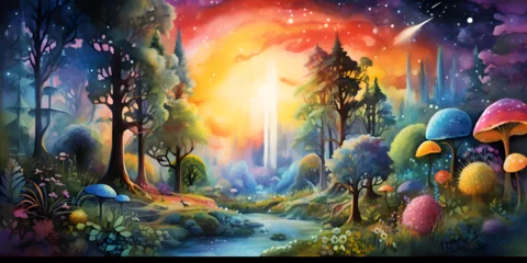 Foto auf Acrylglas Feenwald Watercolor colorful illustration of a magical fairytale forest 
