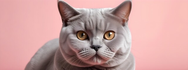 British shorthair cat on a pastel background. Cat a solid uniform background, for your advertising and design with copy space. Creative animal concept. Looking towards camera.