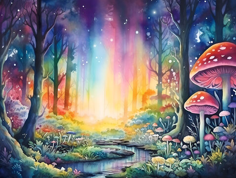 Watercolor colorful illustration of a magical fairytale forest with a rainbow 