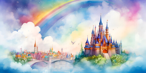 Colorful watercolor illustration of a fairytale caste with a rainbow in the sky