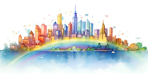 Colorful watercolor illustration of a fairytale city with a rainbow in the sky