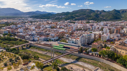 Aerial drone photo of the city centre with mountains in the background of Gandia in the Costa Blanca Spain