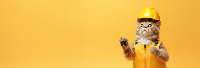 banner funny cat dressed as builder in yellow helmet on yellow background, workman engineering or repairing, service, copyspace.