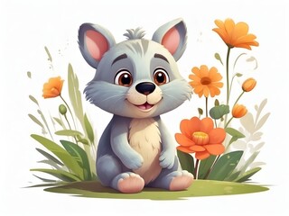 Small сartoon dog sitting on the ground with a joyful expression on its face - 676084662