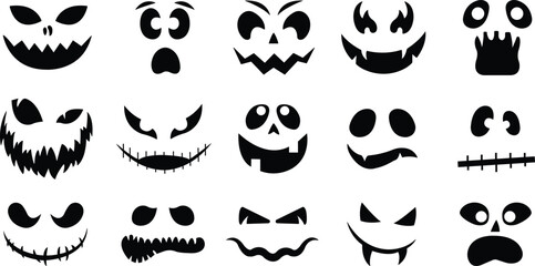 Halloween pumpkin face icon flat style set. Scary face isolated transparent background Jack lantern pumpkin smiling Template for Halloween greeting card poster, brochure or flyer. Vector apps website - obrazy, fototapety, plakaty