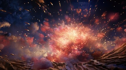  a painting of a firework exploding in the sky with red and pink smoke coming out of the top of it.  generative ai - obrazy, fototapety, plakaty