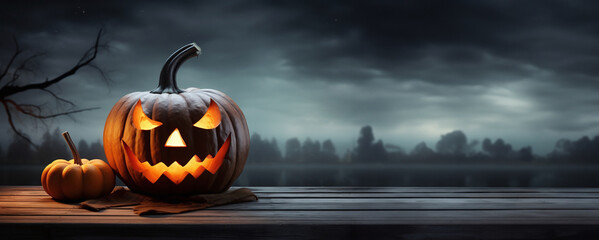 Ein gruseliger Halloween-Kürbis mit leuchtenden Augen und finsterem Grinsen, umgeben von düsterem, astigen Hintergrund