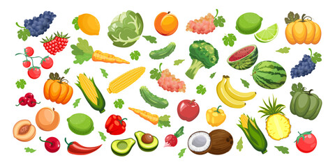 Big set of fruits and vegetables. Food, agriculture illustration, vector