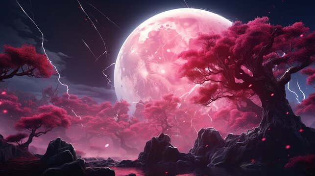 Fantastic landscape, pink neon moon, sakura branches,.space background with tree in Japanese style.