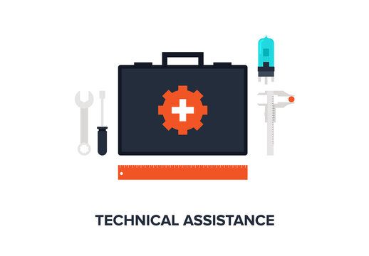 Abstract flat vector illustration of technical assistance concept isolated on white background. Design elements for web.
