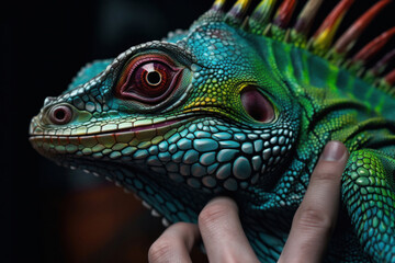 Closeup of a Colorful Reptile with a Dark Background 