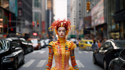 Fototapeta premium Street Portrait of a woman in colorfoul fashion 