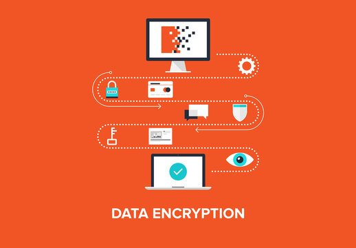 Abstract flat vector illustration of data encryption concept isolated on red background. Design elements for web.