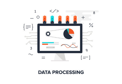 Abstract flat vector illustration of data processing concept isolated on white background. Design elements for web.