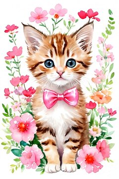 Cute little kitten kitten surrounded by flowers. Watercolor drawing.