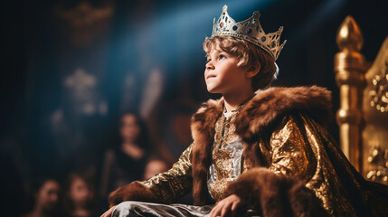 Cute little boy acting as king on a stage - obrazy, fototapety, plakaty