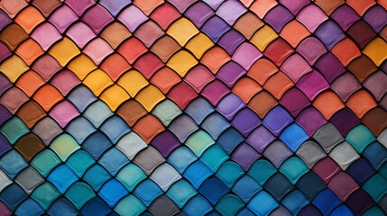 A colorful pattern of interlocking, geometric fish scales