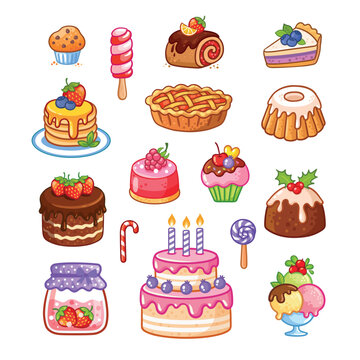 Set of sweets. Sweet pastries, cake, sweets, pie, cupcake, desserts in a cartoon style. A collection of delicious, high-calorie food isolated.