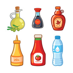 Sauce set. Soy, Ketchup, Olive oil, Mustard, Maple syrup seasoning jar bottle icon set. Cuisine vector. - 676087417