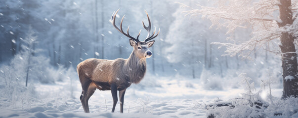 A front view of the deer in snowy forest. generative ai