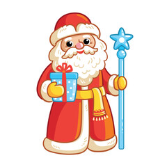 Vector illustration with Russian Santa Claus in traditional winter clothes with gift and magic staff.