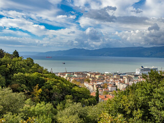 Fototapeta na wymiar View of the city of Rijeka from Trsat Castle, the principal seaport and the third-largest city in Croatia on the shores of the Adriatic Sea